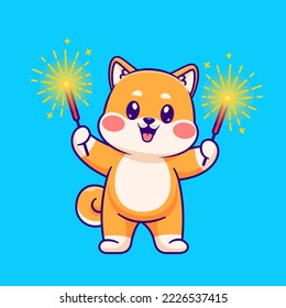 Cute Shiba Inu Dog Playing Fireworks Cartoon Vector Icon Illustration. Animal Holiday Icon Concept Isolated Premium Vector. Flat Cartoon Style