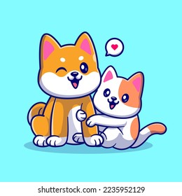 Cute Shiba Inu Dog Playing With Cat Cartoon Vector Icon Illustration. Animal Nature Icon Concept Isolated Premium Vector. Flat Cartoon Style