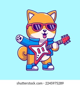 Cute Shiba Inu Dog Playing Guitar Electric Cartoon Vector Icon Illustration. Animal Music Icon Concept Isolated Premium Vector. Flat Cartoon Style