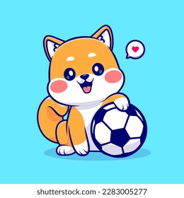 Cute Shiba Inu Dog Playing Soccer Ball Cartoon Vector Icon Illustration. Animal Sport Icon Concept Isolated Premium Vector. Flat Cartoon Style