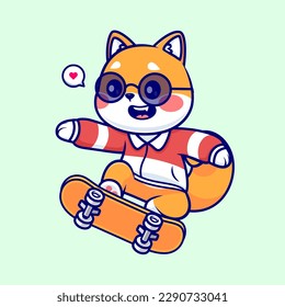 Cute Shiba Inu Dog Playing Skateboard Cartoon Vector Icon Illustration. Animal Sport Icon Concept Isolated Premium Vector. Flat Cartoon Style