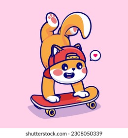 Ilustración del icono del vector de dibujos animados Cute Shiba Inu Dog Jugando Al Skateboard. Vector Premium Aislado De Icono De Deportes Animales. Estilo de dibujo plano