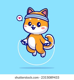 Cute Shiba Inu Dog Playing Jump Rope Cartoon Vector Icon Illustration. Animal Sport Icon Concept Isolated Premium Vector. Flat Cartoon Style