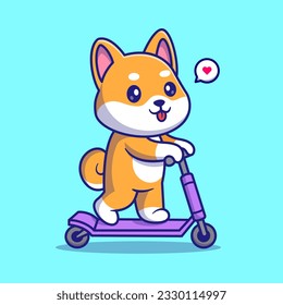 Cute Shiba Inu Dog Playing Scooter Cartoon Vector Icon Illustration. Animal Transportation Icon Concept Isolated Premium Vector. Flat Cartoon Style