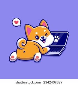 Cute Shiba Inu Dog Playing Laptop Cartoon Vector Icon Illustration. Animal Technology Icon Concept Isolated Premium Vector. Flat Cartoon Style