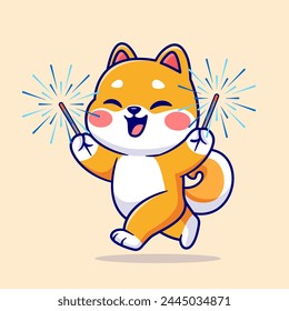 Cute Shiba Inu Dog Playing Fireworks Cartoon Vector Icon Illustration. Animal Holiday Icon Concept Isolated Premium Vector. Flat Cartoon Style