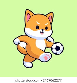 Lindo perro shiba inu jugando al fútbol ilustración de Vector de dibujos animados. Mascota de logotipo de dibujos animados de estilo plano