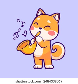 Nette Shiba Inu Hund Spielen Saxophon Cartoon Vektorgrafik Icon Illustration. Animal Music Icon Concept Isolated Premium Vektorgrafik. Flacher Zeichentrickstil