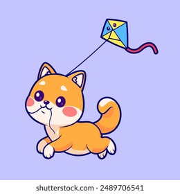 Cute Shiba Inu Dog Playing Kite Cartoon Vector Icon Illustration. Animal Holiday Icon Concept Isolated Premium Vector. Flat Cartoon Style