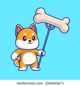 Cute Shiba Inu Dog Poke Bone With Fork Cartoon Vector Icon Illustration. Animal Food Icon Concept Isolated Premium Vector. Flat Cartoon Style