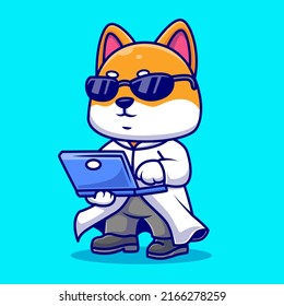 Cute Shiba Inu Dog Proffesor  With Laptop Cartoon Vector Icon Illustration. Animal Technology Icon Concept Isolated Premium Vector. Flat Cartoon Style