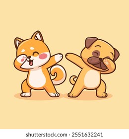 Cute Shiba Inu Dog And Pug Dog Dabbing Cartoon Vector Icon 
Illustration. Animal Nature Icon Concept Isolated Premium 
Vector. Flat Cartoon Style 