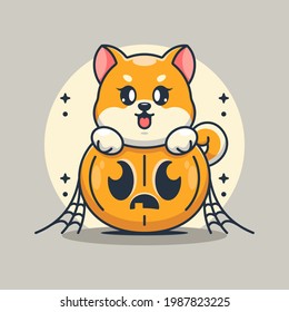 Cute shiba inu dog with pumpkin cartoon