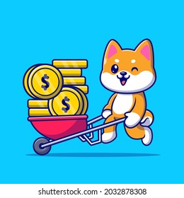 Cute Shiba Inu Dog Pushing Cart Gold Coin Cartoon Vector Icon Illustration. Animal Business Icon Concept Isolated Premium Vector. Flat Cartoon Style 