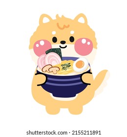 Cute shiba inu dog with ramen cartoon.Animal character design.Japanese pet.Asian food.Kawaii.Vector.Illustration.