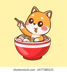 Perro Lindo Shiba Inu En Fideo Ramen Con Ilustración De Icono De Vector De Dibujos Animados De Palillo. Concepto de ícono de comida animal Vector Premium aislado. Estilo plano de dibujos animados