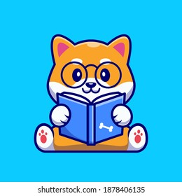 Cute Shiba Inu Dog Reading Buch Cartoon Vektorsymbol Illustration. Tiererziehung Symbol Konzept isoliert Premium-Vektorgrafik. Flachbildkartonstil