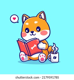 Cute Shiba Inu Dog Reading Book With Coffee Cartoon Vector Icon Illustration. Animal Education Icon Concept Isolated Premium Vector. Flat Cartoon Style