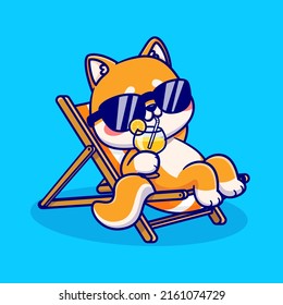 Cute Shiba Inu Dog Relaxing On Bench And Drink Orange Juice Cartoon Vector Icon Illustration. Animal Holiday Icon Concept Isolated Premium Vector. Flat Cartoon Style