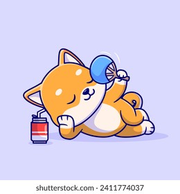 Perro chiba chiba inu relajante con ventilador y soda de mano
Ilustración del icono del vector de dibujos animados. Concepto de icono de bebida animal
Vector Premium aislado. Estilo de dibujo plano
