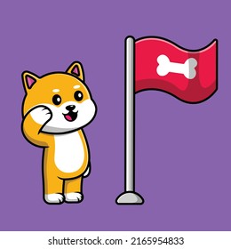 Cute Shiba Inu Dog Respect Bone Flag Cartoon Vector Icon Illustration. Animal Icon Concept Isolated Premium Vector.