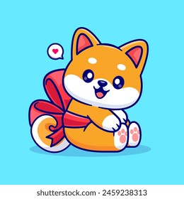 Cute Shiba Inu Dog With Ribbon Cartoon Vector Icon Illustration. Animal Nature Icon Concept Isolated Premium Vector. Flat Cartoon Style