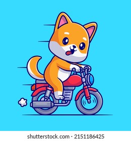 Cute Shiba Inu Dog Riding Motorcycle Cartoon Vector Icon Illustration. Animal Transportation Icon Concept Isolated Premium Vector. Flat Cartoon Style