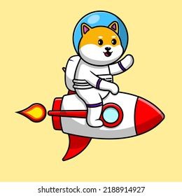Cute Shiba Inu Dog Riding Rocket And Waving Hand Cartoon Vector Icon Illustration. Animal Technology Flat Cartoon Concept