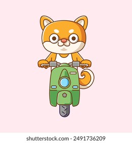 Un lindo shiba inu perro montando scooter animal kawaii chibi personaje mascota contorno de ilustración  