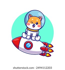 Lindo Shiba Inu Perro Montando Cohete Dibujo Animado Ilustración De Vector. Icono de Ciencia animal concepto de Vector Premium aislado. Estilo plano de dibujos animados