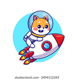 Lindo Shiba Inu Perro Montando Cohete Dibujo Animado Ilustración De Vector. Icono de Ciencia animal concepto de Vector Premium aislado. Estilo plano de dibujos animados