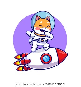 Lindo Shiba Inu Perro Montando Cohete Con Dabbing Dibujos Animados Ilustración De Vector. Icono de Ciencia animal concepto de Vector Premium aislado. Estilo plano de dibujos animados