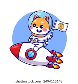 Lindo Shiba Inu Perro Montando Cohete Con La Ilustración Del Vector De Dibujos Animados De La Bandera. Icono de Ciencia animal concepto de Vector Premium aislado. Estilo plano de dibujos animados