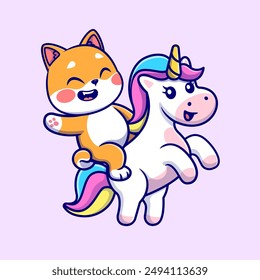 Lindo Shiba Inu Perro Montando Unicornio Dibujos Animados Vector Ilustración. Icono de Naturaleza animal concepto de Vector Premium aislado. Estilo plano de dibujos animados