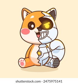 Lindo Shiba Inu Perro Robot Cyborg Dibujos Animados Vector Ilustración. Icono de Tecnología animal concepto de Vector Premium aislado. Estilo plano de dibujos animados