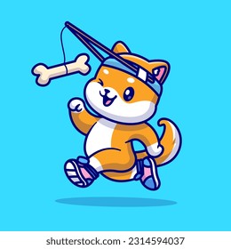 Cute Shiba Inu Dog Run Chasing Bone Cartoon Vector Icon Illustration. Animal Sport Icon Concept Isolated Premium Vector. Flat Cartoon Style
