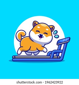 Cute shiba inu dog running on the treadmill cartoon