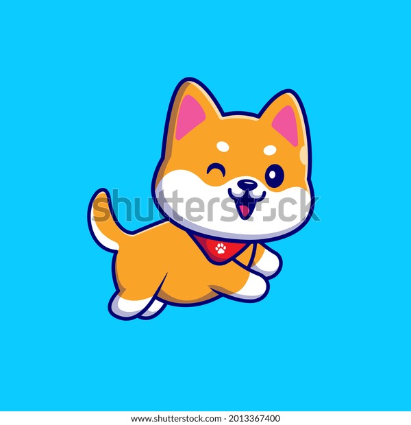 かわいい芝犬の犬走る漫画のベクター画像アイコンイラスト 動物の自然のアイコンコンセプト分離型プレミアムベクター画像 フラットカートーンスタイル のベクター画像素材 ロイヤリティフリー