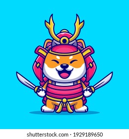 Cute Shiba Inu Dog Samurai Warrior Cartoon Vector Icon Illustration. Animal Samurai Icon Concept Isolated Premium Vector. Flat Cartoon Style