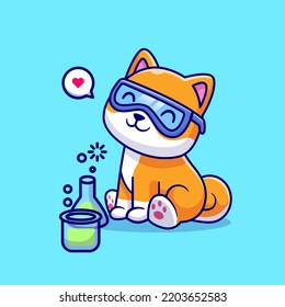 Cute Shiba Inu Dog Scientist Playing Lab Tube Cartoon Vector Icon Illustration. Animal Science Icon Concept Isolated Premium Vector. Flat Cartoon Style