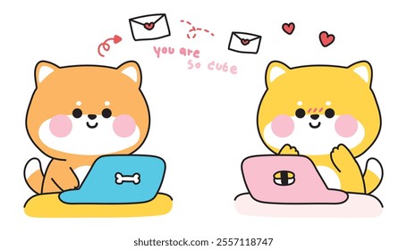 Cute shiba inu dog send love mail.Work.Love heart.Valentines day.You are so cute text.Japanese animal character cartoon design.Kawaii.Vector.Illustration.
