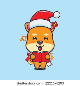 Cute shiba inu dog sing a christmas song. Cute christmas cartoon illustration. 