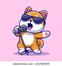 Cute Shiba Inu Hund singen Cartoon Vektorsymbol Illustration. Animal Music Icon Konzept isolierter Premium-Vektorgrafik. Flachbildkartonstil