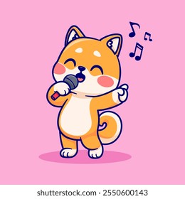 Ilustração do ícone do vetor do desenho animado Shiba Inu Dog Singing. 
Vetor Premium Isolado do Conceito Animal Music Icon. Plano 
Estilo de Desenho Animado 