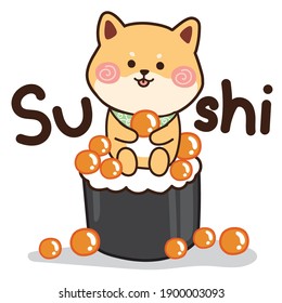 Cute shiba inu dog sit on sushi on white background.Animals character design.Sticker.Japanese food.Kid graphic.Kawaii.Vector.Illustration.