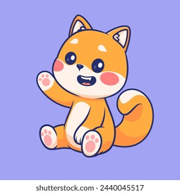 Nette Shiba Inu Hund sitzend und winkend Hand Cartoon Vektor-Icon-Illustration. Animal Nature Icon Concept isolierter Premium-Vektor. Flacher Zeichentrickstil