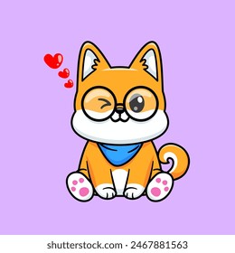 Lindo Shiba Inu Perro Sentado Usando Gafas De Dibujos Animados Ilustración Icono De Vector. Icono de Naturaleza animal concepto de Vector Premium aislado. Estilo plano de dibujos animados