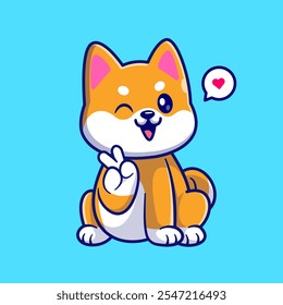 Cute Shiba Inu Dog Sitting With Peace Hand Cartoon Vector 
Icon Illustration. Animal Nature Icon Concept Isolated 
Premium Vector. Flat Cartoon Style