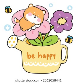 Cute shiba inu dog sleep on big flower grow in watering can.Bee.Water.Soil.Nature floral.Japanese pet animal character cartoon design.Kawaii.Vector.Illustration.