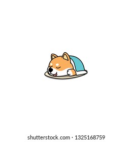 Cute shiba inu dog sleeping under a blanket cartoon icon, vector illustration